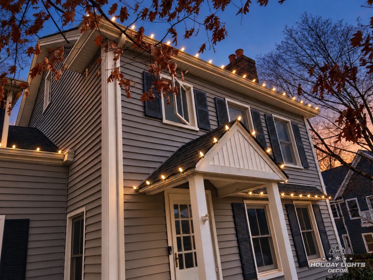 Close view at dusk of warm-white bulbs along the entrance gable, lower roof and upper eave of a gray Colonial.