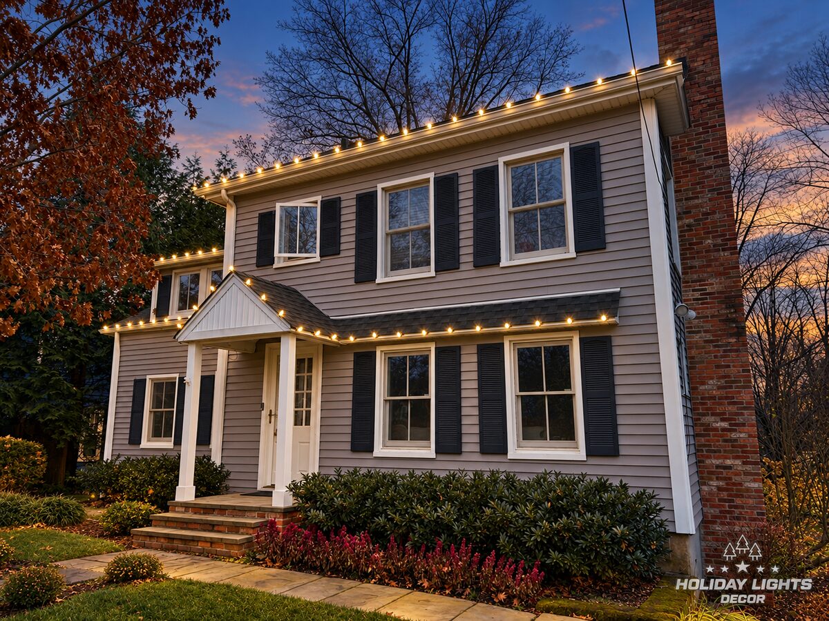 Two-story Colonial in Chatham at dusk with warm-white bulbs on the upper eave, lower roof and entrance gable.