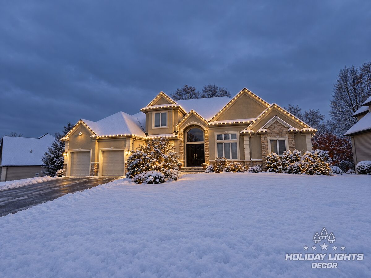 Stone-and-stucco home in Hamburg at dusk after snow, with warm-white roofline bulbs and lit foundation shrubs.