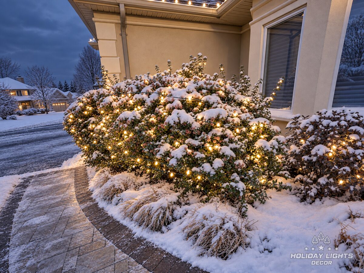 Close view at dusk of a large snow-covered shrub lit with warm-white strings beside the walkway.