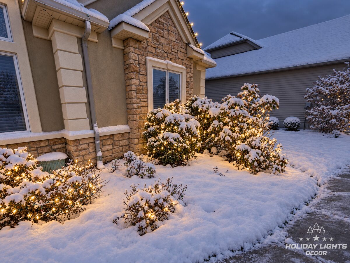 Snow-covered shrubs lit with warm-white strings beside the stone wing of the home.