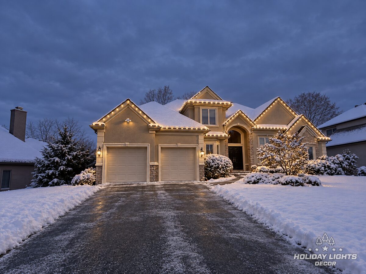 Driveway view at dusk of a snow-covered home with a two-car garage and warm-white roofline bulbs.