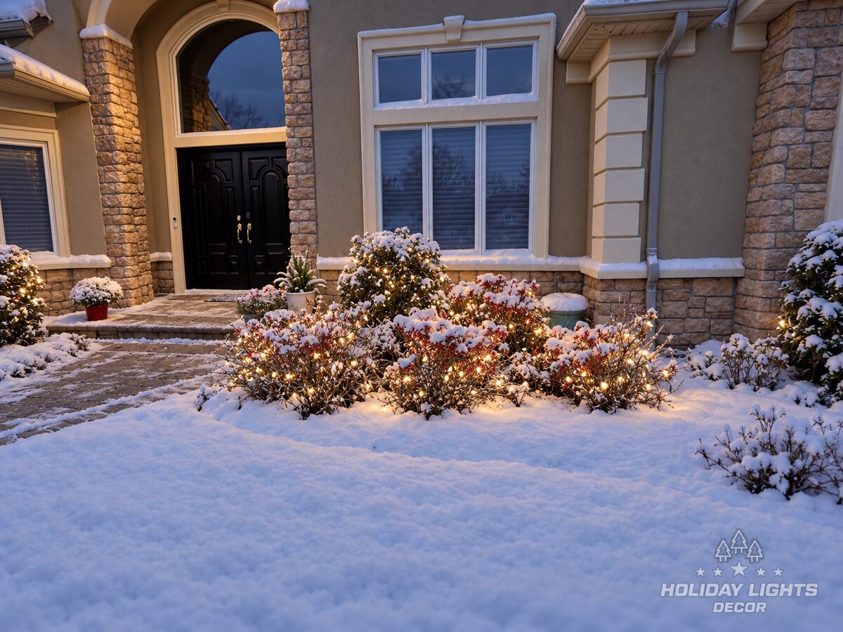 Arched front entrance with stone trim and snow-covered shrubs lit with warm-white light strings.