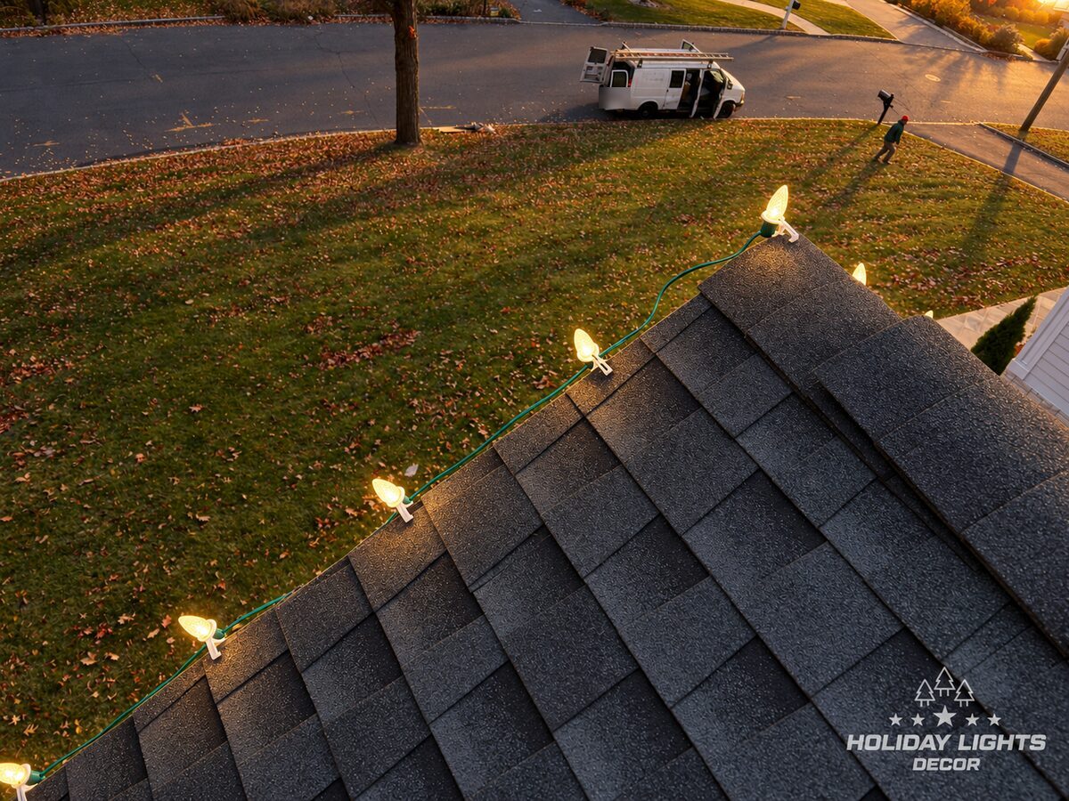 Roof-level view of warm-white faceted bulbs clipped along a dark shingle edge above the lawn.