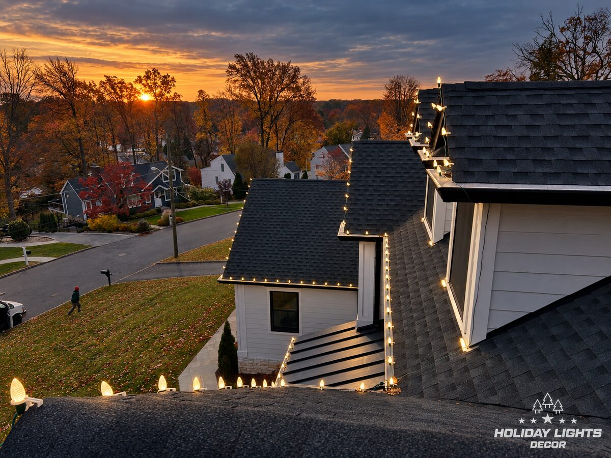 Roof-level view at sunset of bulbs following several eaves, slopes and dormer edges on a white home.