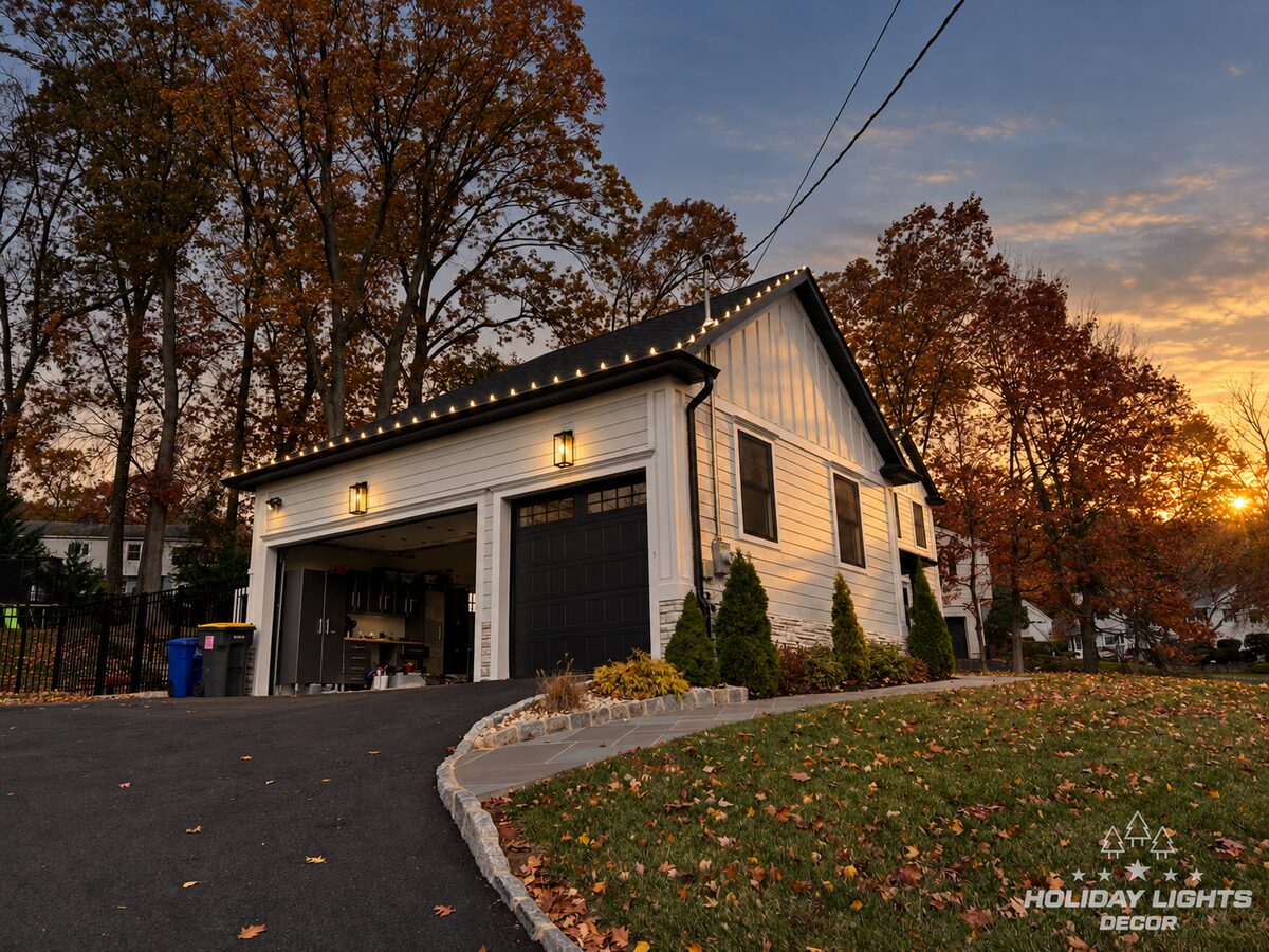 Garage wing of a white home at sunset with warm-white bulbs along the eave and gable.