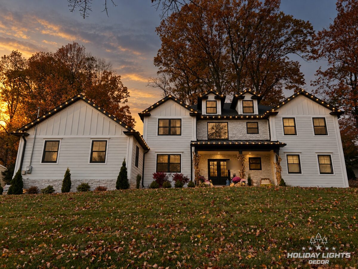 White farmhouse-style home in Mountainside at sunset with warm-white bulbs on its gables, dormers and porch roof.
