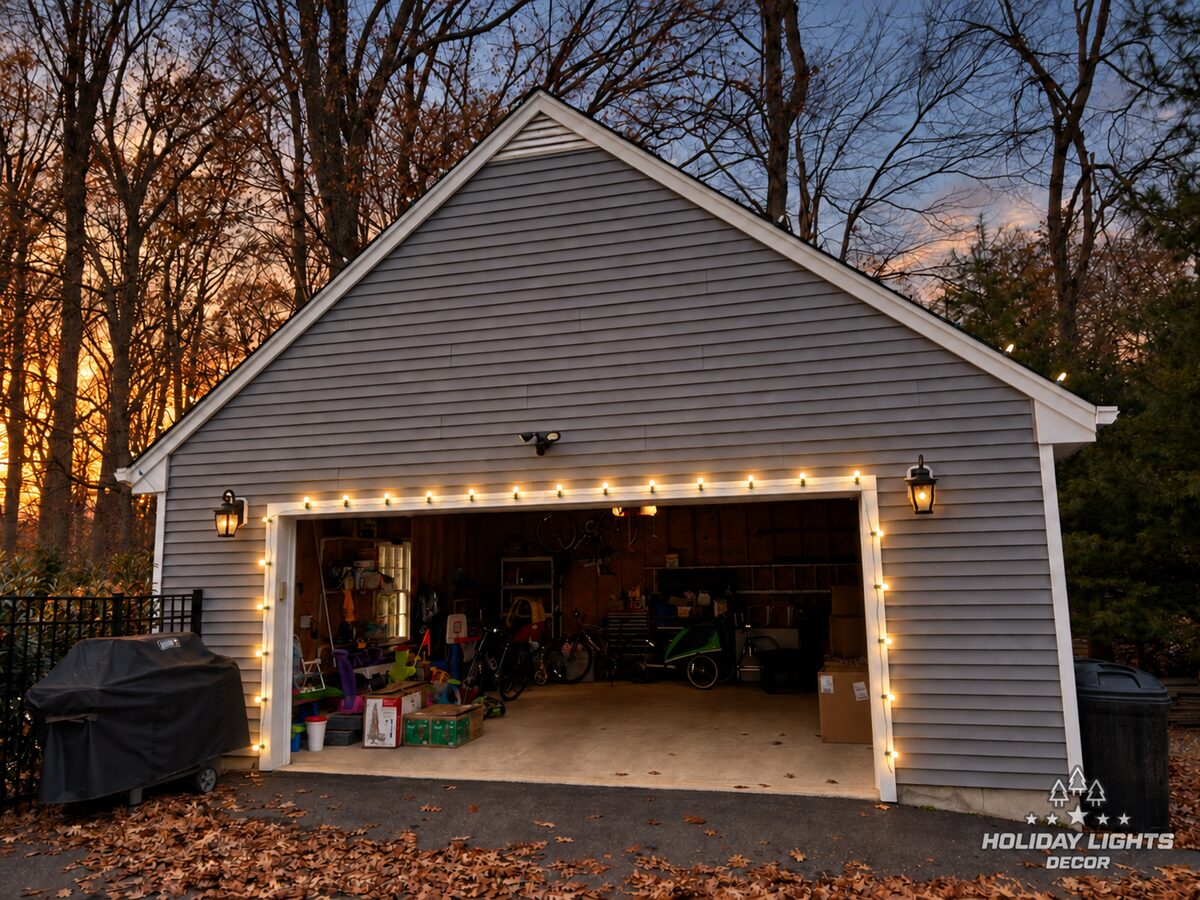 Garage in Wyckoff with warm-white lights outlining the full garage door opening