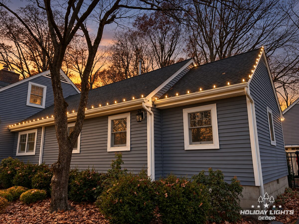 Rear eaves of a Wyckoff Cape Cod lined with evenly spaced warm-white bulbs