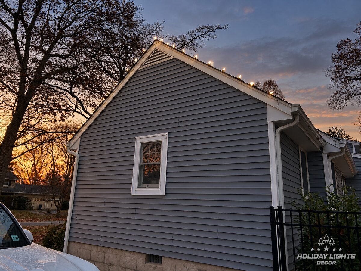 Side gable of a Wyckoff Cape Cod with warm-white lights along the rake edge