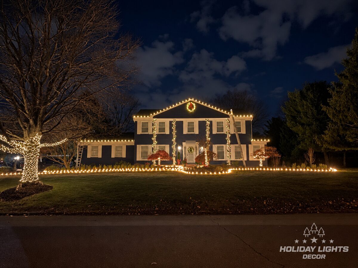 Blue two-story colonial in Marlboro with warm-white rooflines, wrapped columns, lit trees, and ground lights