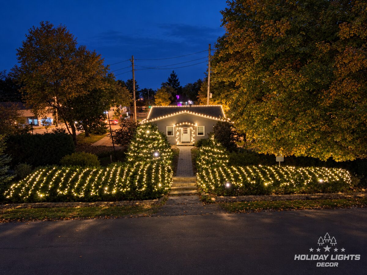 Elevated street view of the building behind two long hedges covered in warm-white mini lights along a paver walk