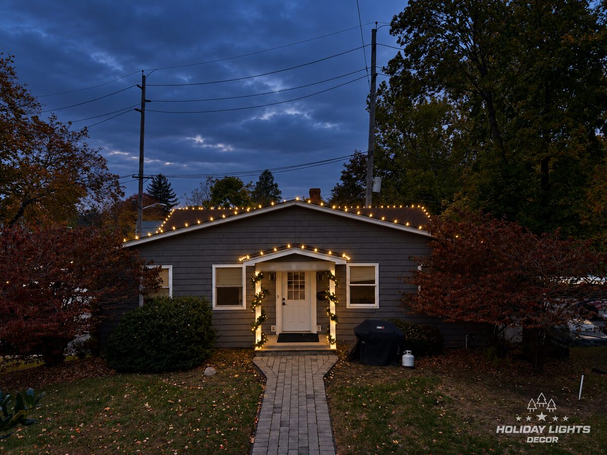 Small gray commercial building in Little Falls with warm-white roofline bulbs and garland-wrapped entrance posts