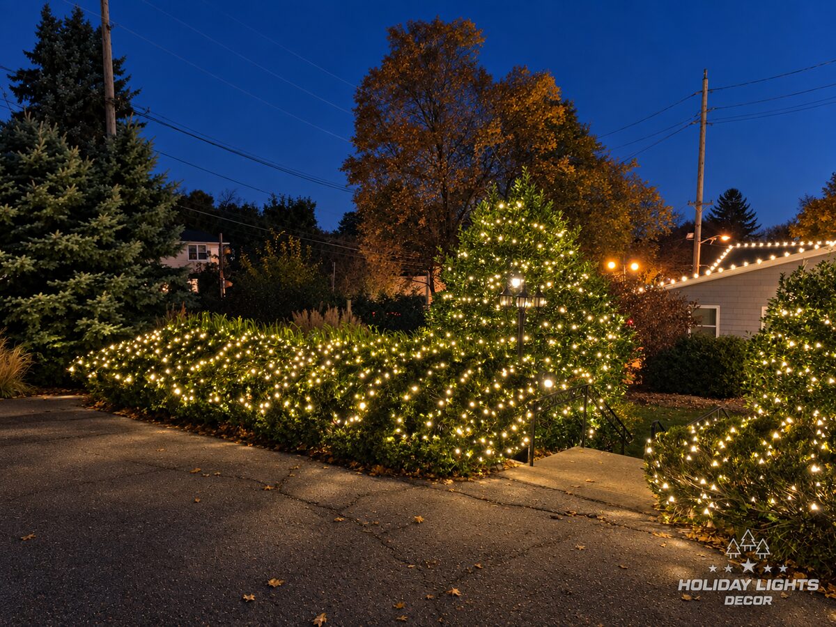 Hedges and a tall evergreen covered in warm-white mini lights beside the steps at the parking area