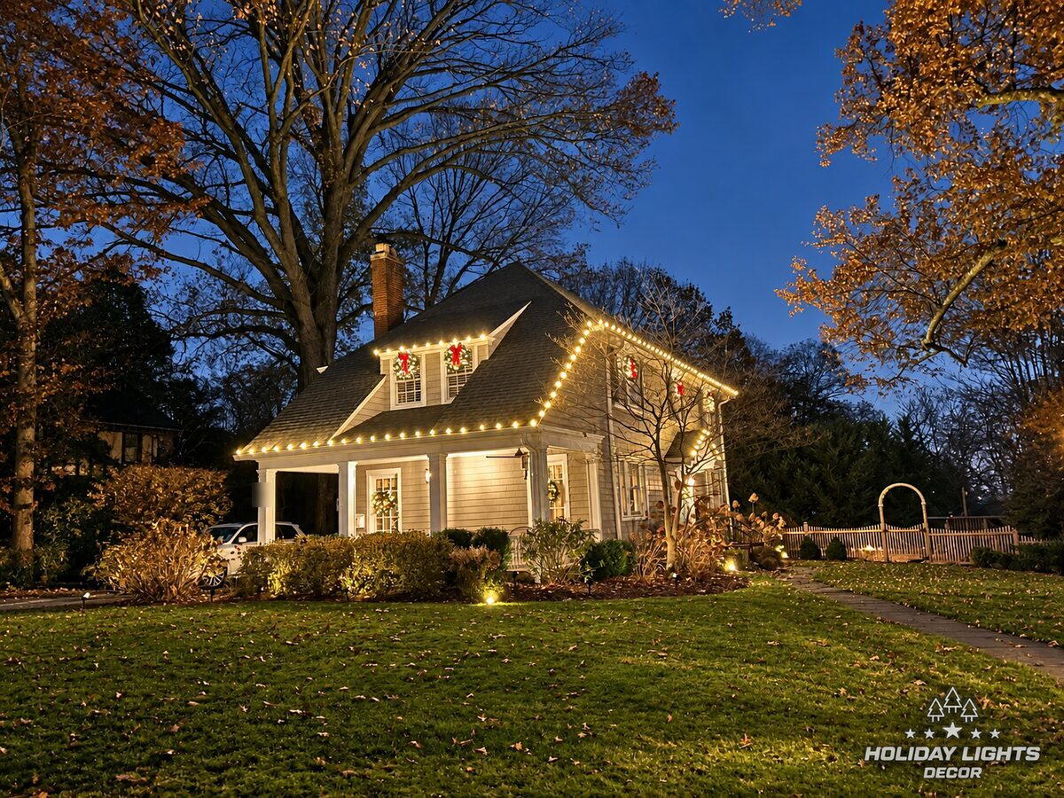 Warm-white roofline lights and red-bow wreaths on a Colonial home in Glen Ridge