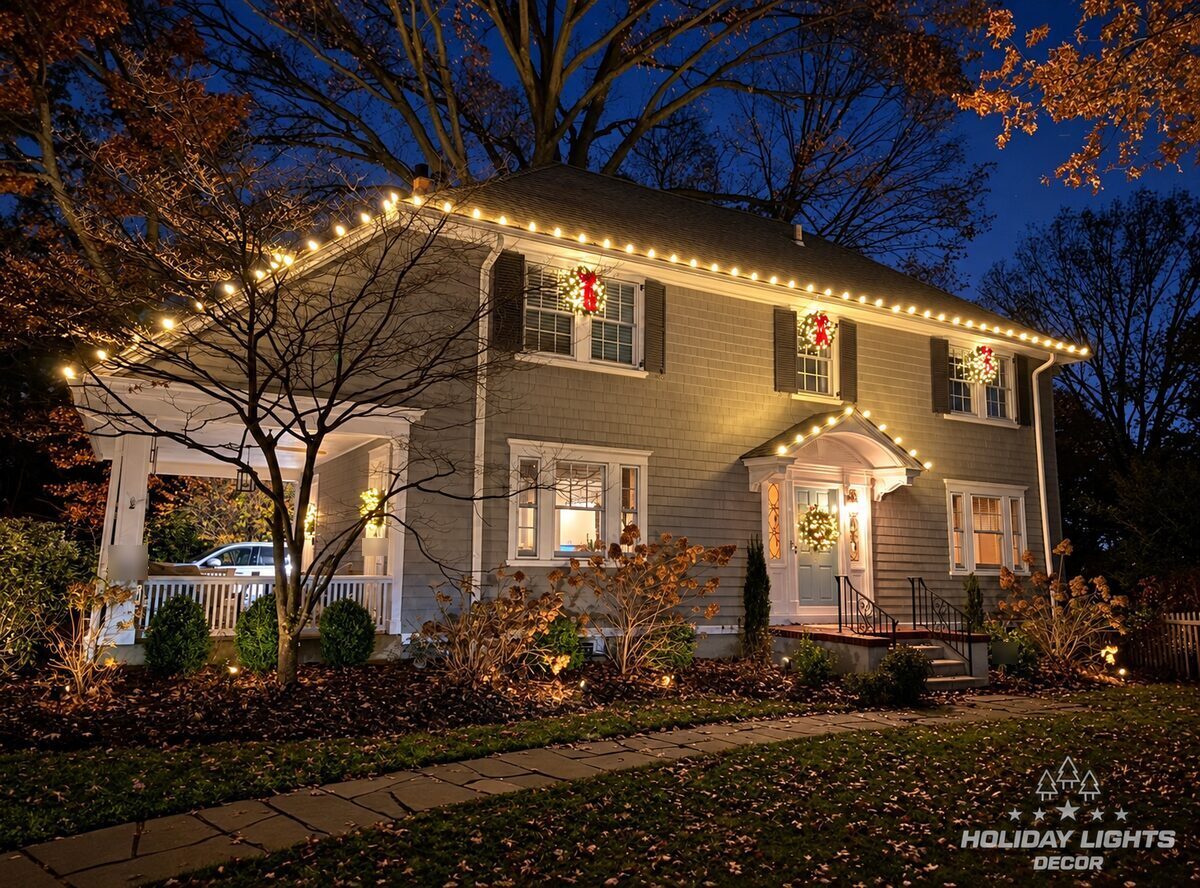 Front view of a two-story Colonial with roofline lights and upper-window wreaths