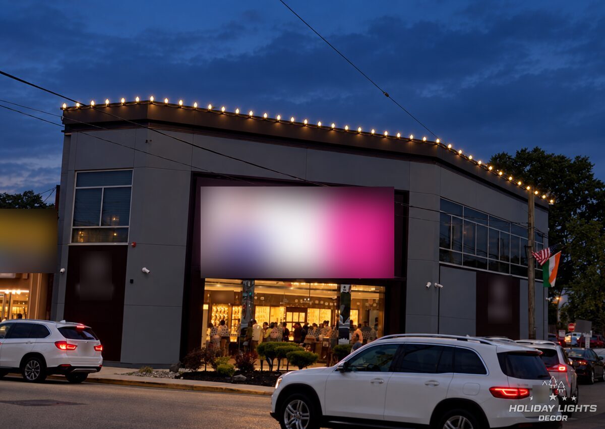 Recreated image of warm-white bulbs along the roof edge of a gray commercial building in Iselin at dusk