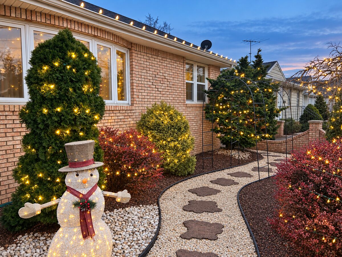 Lit evergreens and shrubs beside a snowman figure, garden arch, and stone walkway.