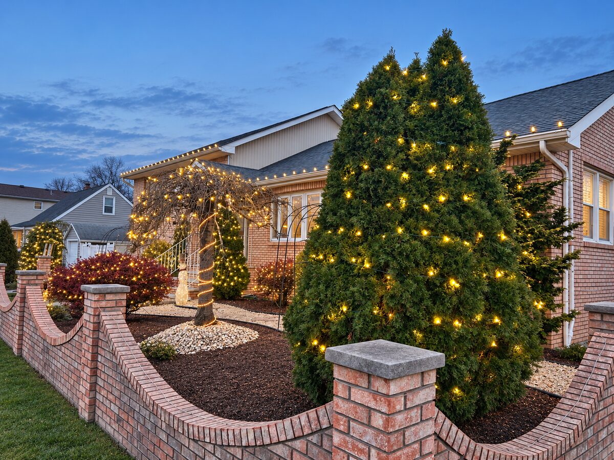 Tall lit evergreen and weeping tree with a light-wrapped trunk behind a curved brick wall.