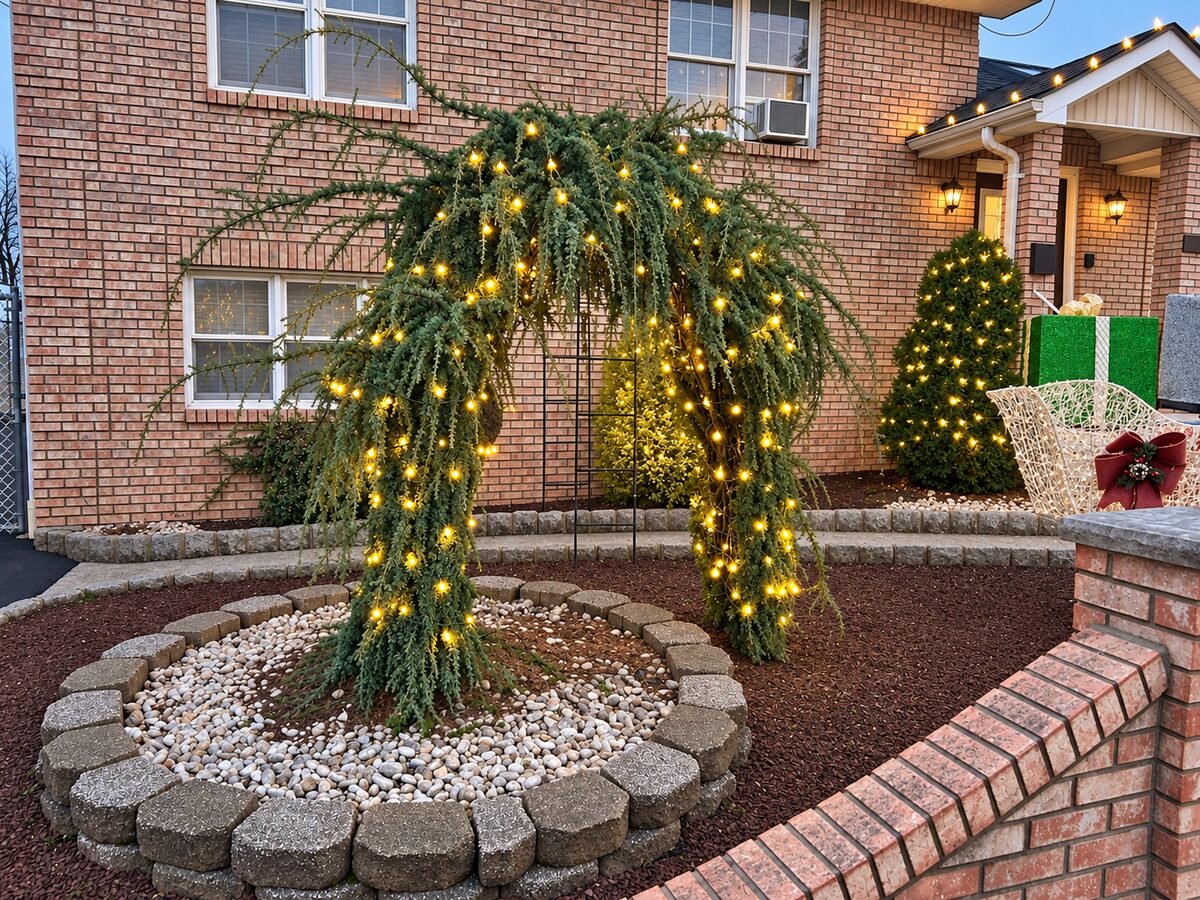 Close view of a lit weeping evergreen near the entry, with a lit gift box and sleigh figure.