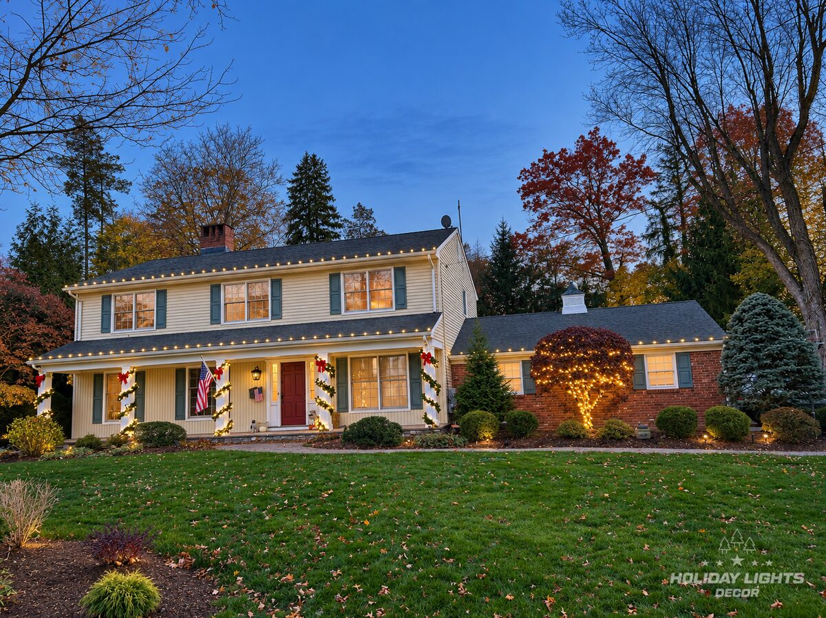 Colonial in Wyckoff with warm-white lights on both roof levels, garland-wrapped columns and a lit ornamental tree.