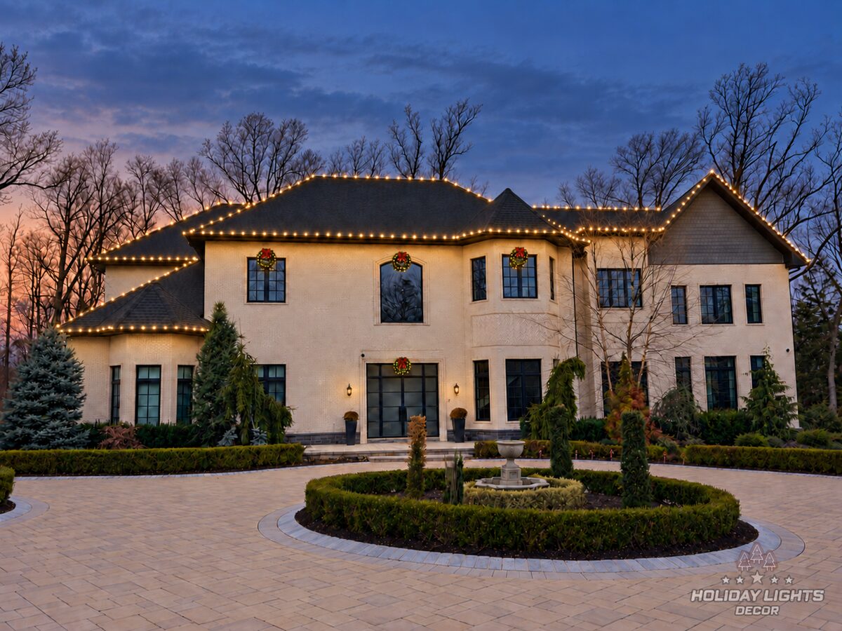 White-brick estate in Scotch Plains with warm-white roofline bulbs, four wreaths with red bows and a circular drive.