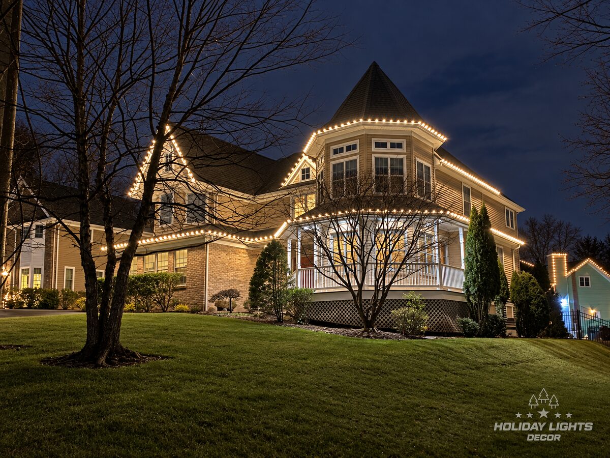 Victorian-style home in Alpine at night with warm-white lights outlining a polygonal tower, gables and wraparound porch.